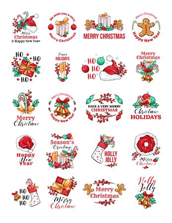 Christmas holidays vector set. Winter season festive hand drawn color stickers with typography pack. Merry Xmas, Ho Ho Ho greetings letterings. New Year celebration badges isolated collectionのイラスト素材