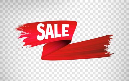 Red Sale Ribbon. Vector 3d Render, Abstract Brush Stroke. Paint Splash. Acrylic Stripe Smear Splatter. Artistic Vivid Ribbon. Isolated Clip Art Icon on Transparent Background. Flowing Liquid Ink Shapeのイラスト素材