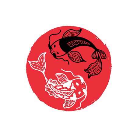 Japanese Carp Koi on the Red Round Brush Spot. Painted Circle Icon. Asian Traditional Symbol with Decorative Fishes. Cover Design for Sushi Restaurant Menuのイラスト素材