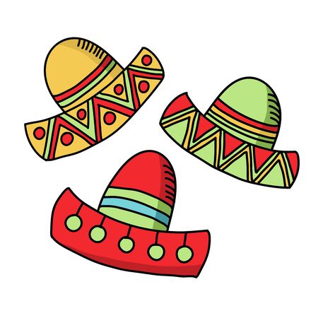 Cinco de mayo funny festive accessory and wearing sombrero or mexican hat. Latin american celebration of 5th of May with flags and flowers, cactus. Festive Mexican clipartのイラスト素材