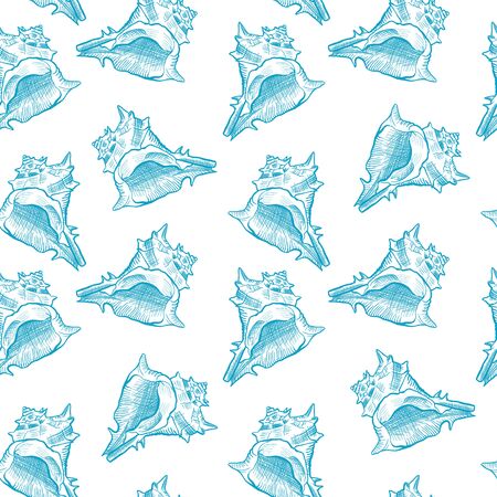 Seashell hand drawn seamless vector pattern. Mollusk, shellfish, conch decorative engraving. Exotic marine monochrome sketch background. Seashore snail shell. Wrapping paper, wallpaper designのイラスト素材