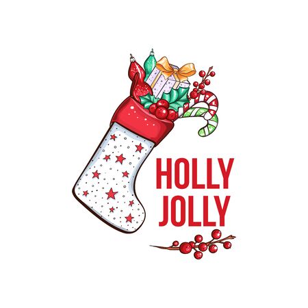 Merry Christmas cartoon vector banner template. Cute Santa red hat with candy sticks and mistletoe twig illustration. Happy New Year banner layout. December holidays wishes poster designのイラスト素材