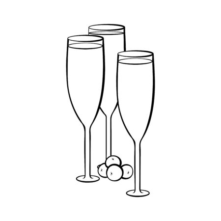 Full champagne glasses hand drawn illustration. Crystal wineglasses with alcohol beverage and olives colouring picture. Drink with appetizer, aperitif. Special occasion celebration outline symbolのイラスト素材