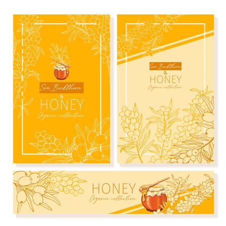 Honey vintage banners design. Engraved sea buck thorn honey flower with glass honey jar and drop. Hand drawn orange logo templates set.のイラスト素材
