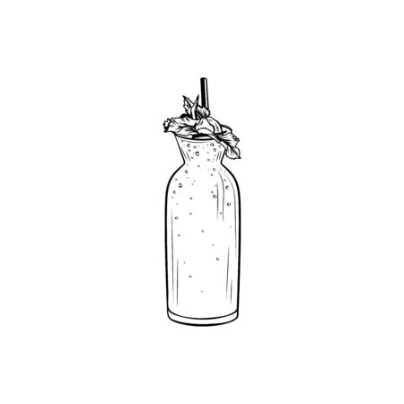 Bubble tea black and white vector illustration. Healthy summer refreshment, delicious taiwan drink ink pen outline drawing. Fresh beverage, sweet cocktail. Glass bottle with mint leaves and strawのイラスト素材