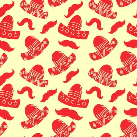 Cinco de mayo funny festive accessory and wearing sombrero or mexican hat. latin american celebration of 5th of may. Festive mexican seamless vector patternのイラスト素材