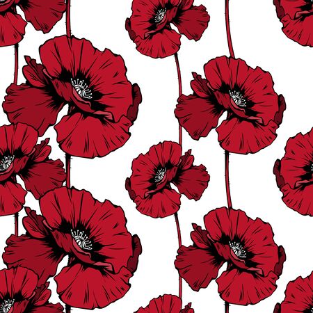 Poppies blossom hand drawn seamless pattern. Floral ink pen color texture. Wild flowers color illustration. Field wildflower vintage freehand drawing. Wallpaper, wrapping paper, textile designのイラスト素材