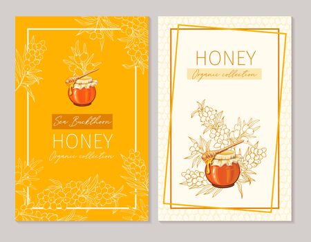 Honey vintage banners design. Engraved sea buckthorn honey flower with glass honey jar and drop.のイラスト素材