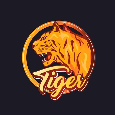 Tiger hand drawn logotype vector template. Dangerous predator face in round frame with typography. Angry wild cat head illustration isolated on black background.のイラスト素材