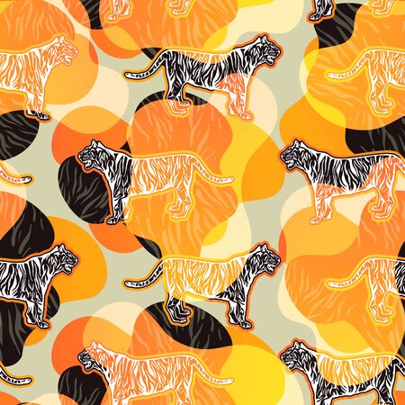 Bengal tigers vintage decorative seamless pattern. Exotic wild cats and colorful curvy shapes hand drawn vector illustration. Tropical wildlife, jungle fauna drawing. Creative retro style backdropのイラスト素材
