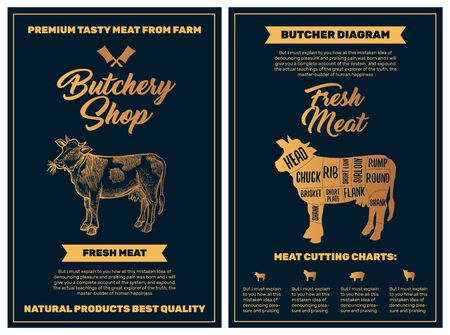 Butchery Shop Poster with Cow Meat Cutting Charts in Golden Colors on Black Blackground. Vector Vertical Print Templates. Sketch Hand-drawn Farm Animal Illustration. Butchers Guide Diagram Designのイラスト素材