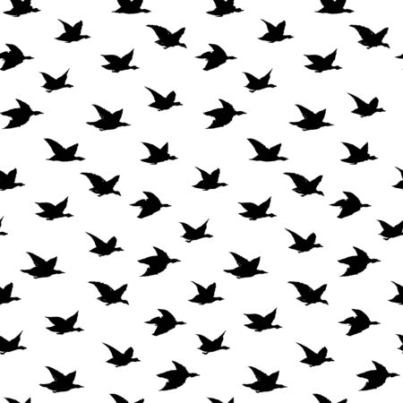 Crane Birds Japanese Seamless Pattern with Simple Birds Silhouettes for wallpapers, backdrops or fabric textile. Flying elegant black swallows, hand-drawn ink illustration on white blackgroundのイラスト素材
