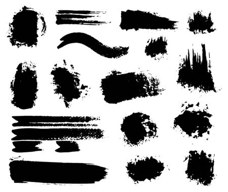 Inked Vector Paint Brush Strokes Set. Big Collection of Black Silhouettes, Paintbrushes, Hand-made Acrylic Wet Blot and Dry Paint Splatters and Waves, Grunge Smear and Dynamic Textured Splotchesのイラスト素材