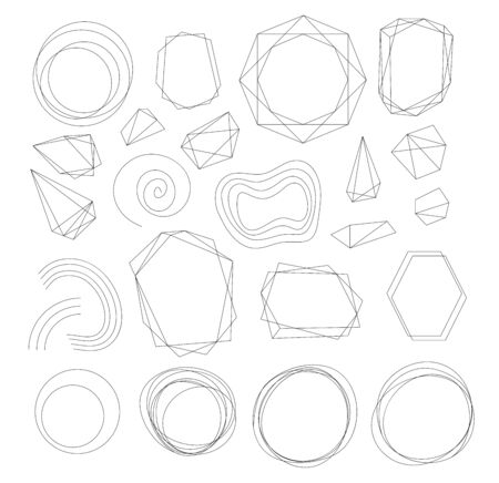 Crystal frames, vector abstract geometric shape diamond jewel borders. Triangle, square, spiral circle and polygonal curve line frames templates for wedding, save the date and birthday design elementsのイラスト素材