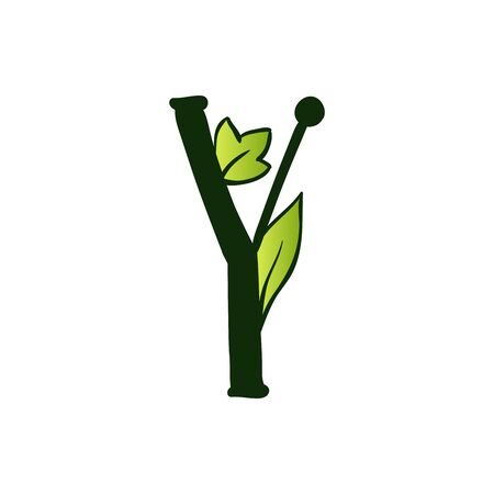 Green Doodling Eco Alphabet Letter Y.Type with Leaves. Isolated Latin Uppercase. Typography Bold Spring Letter or Doodle abc Characters for Monogram Words and Logo.のイラスト素材