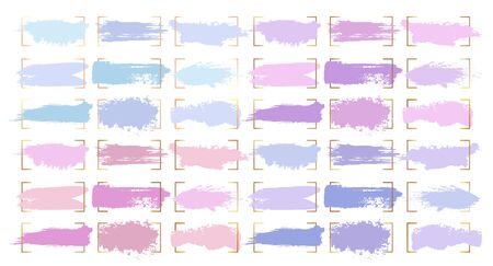 Paint brush strokes, abstract pastel color smudge blobs and watercolor splashes, vector backgrounds. Pink purple and violet blue light color blobs and smear strokes with grunge paintbrush textureのイラスト素材