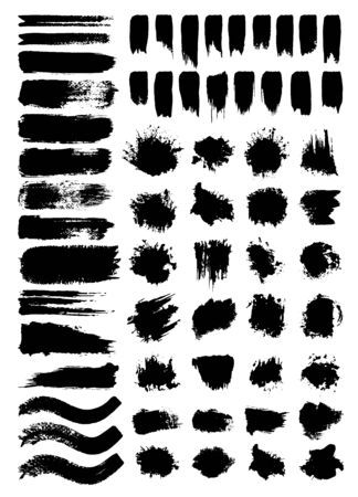 Scribbles and stains vector illustrations set. Chaotic freehand ink pen scrawls and paint blots pack. Messy monochrome drawings. Scratches and watercolor paint spots isolated on transparent backdropのイラスト素材