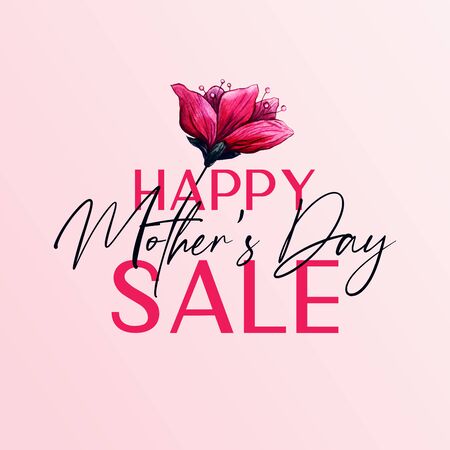 Happy Mothers Day Sale Banner with plum flower blossom. Pink watercolor flower, hand drawn romantic design with happy and elegant calligraphy wishes.のイラスト素材