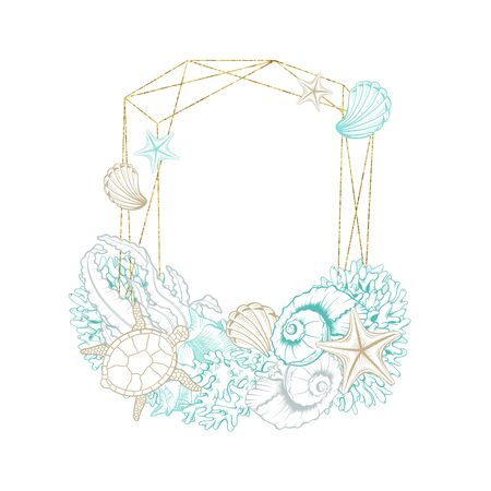 Seashell and marine algae package label, vector modern premium golden frame design. Ocean seashell and sea minerals product, corals and starfish in gold foil circle wreathのイラスト素材