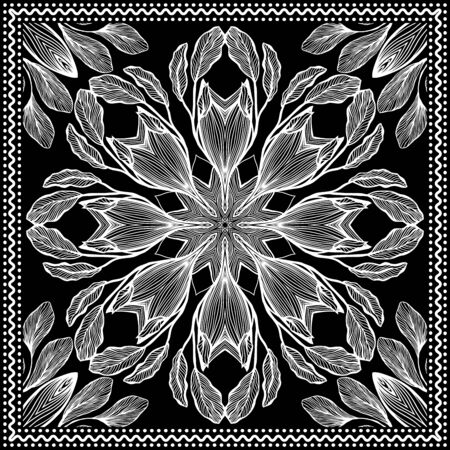 Bandana Clipart Black and White. Bandana Silk Scarf Pattern. Headband clipart print, vector floral illustration with abstract waves and lines. Use for sublimation printingのイラスト素材