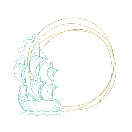 Ship on sea waves, vector sketch etching in gold circle line frame, marine decoration design. Frigate boat with sails on ocean waves, hand drawn engraving in golden wreath with foil textureのイラスト素材