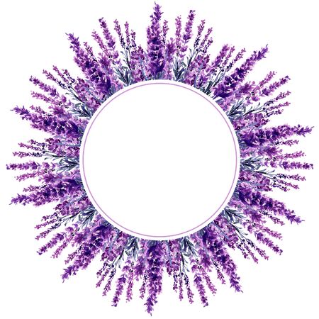 Lavender frame, violet flowers, circle watercolor floral wreath. Lavender flowers vintage blank background template, Provence blooming blossoms bouquet of Provence flowers, blush watercolor art designの写真素材