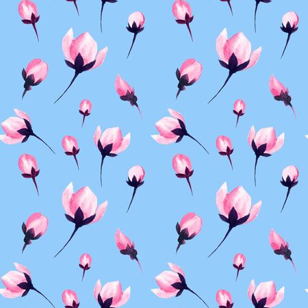 Pink sakura flowers pattern on light blue background, watercolor floral blossom petals. Cherry blossom or Japanese sakura pink flowers seamless pattern in blush watercolor texture for textile printの写真素材