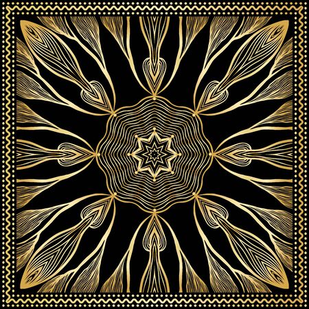 Bandana Gold Clipart. Headband clipart print. Bandana Silk Scarf Pattern, vector floral illustration with abstract golden waves and lines. Use for sublimation printingのイラスト素材