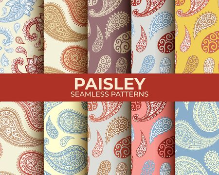 Paisley patterns set, seamless colorful floral ornament, vector design. Abstract vintage Paisley pattern decoration, floral fabric backgroundのイラスト素材