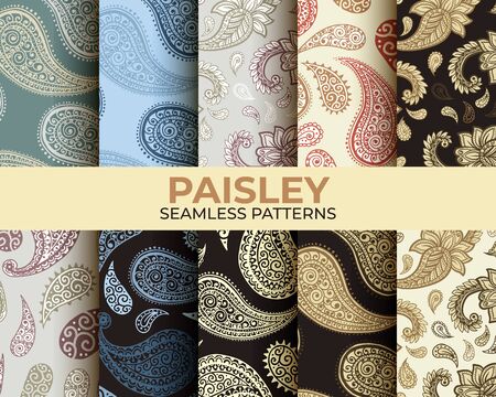 Paisley patterns collection, seamless colorful floral ornament, vector design. Abstract vintage Paisley pattern decoration, floral fabric backgroundのイラスト素材