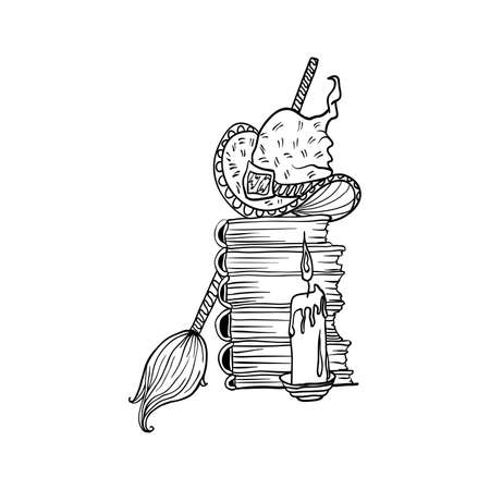 Stack of books and candle near witch hat and broom, Halloween doodles. Isolated vector illustration in contour or outline drawing style for coloring book pages design.のイラスト素材