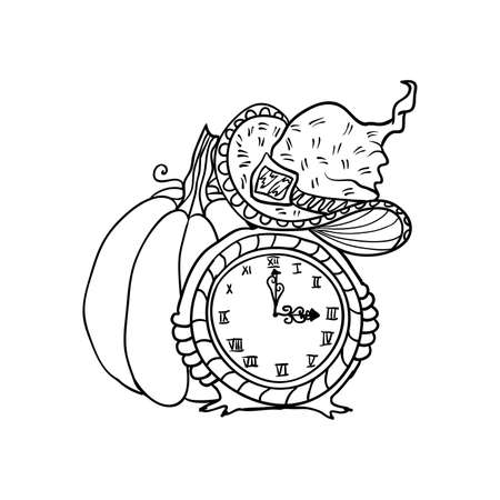 Witch hat and clock near pumpkin, Halloween doodles. Isolated vector illustration in contour or outline drawing style for coloring book pages design.のイラスト素材