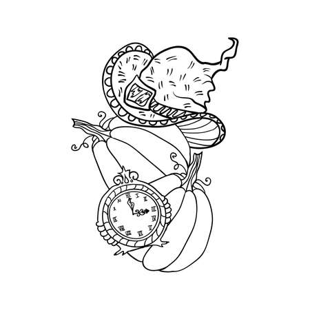 Witch hat and pumpkin flying hat and clocks, Halloween doodles. Isolated vector illustration in contour or outline drawing style for coloring book pages design.のイラスト素材