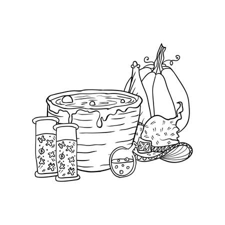 Witch hat near vat with poison, poison and pumpkin, Halloween doodles. Isolated vector illustration in contour or outline drawing style for coloring book pages design.のイラスト素材