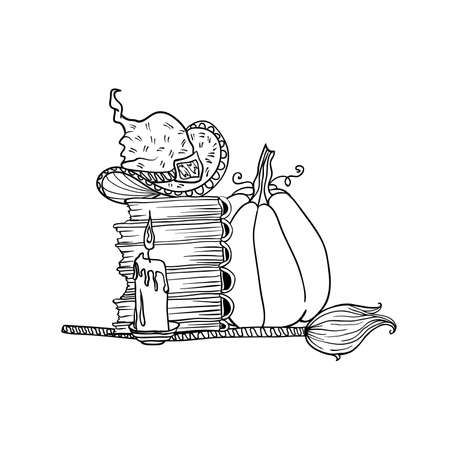 Broom and pumpkin near stack of books and candle. Halloween doodles. Isolated vector illustration in contour or outline drawing style for coloring book pages design.のイラスト素材