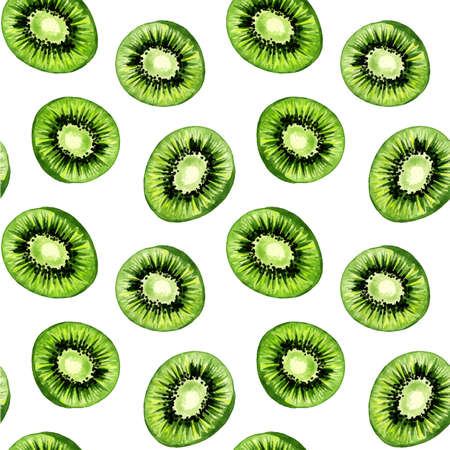 Kiwi pattern, seamless vector watercolor background, tropical fruits in watercolor paint drawing texture. Kiwi fruits slices pattern, green summer food design for textile or fabric printのイラスト素材