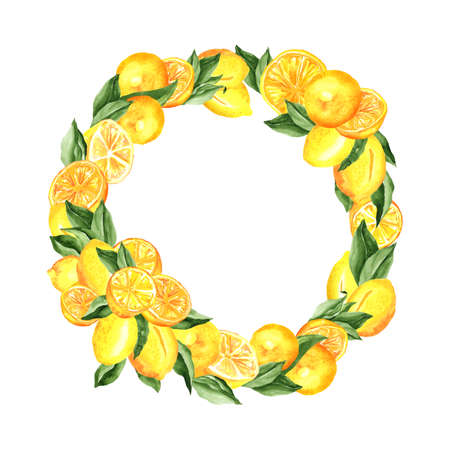 Lemons Wreath. Watercolor Composition with lemons and leaves, arrangement design isolated on white. For menu design, cocktail party decorationsのイラスト素材