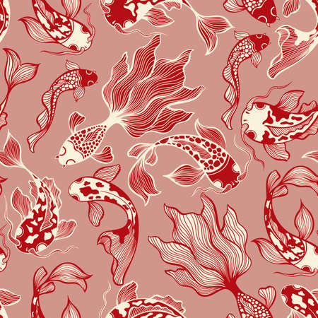 Japanese Koi Fish Vector Seamless Pattern in Red Colors for Fabric Textileのイラスト素材