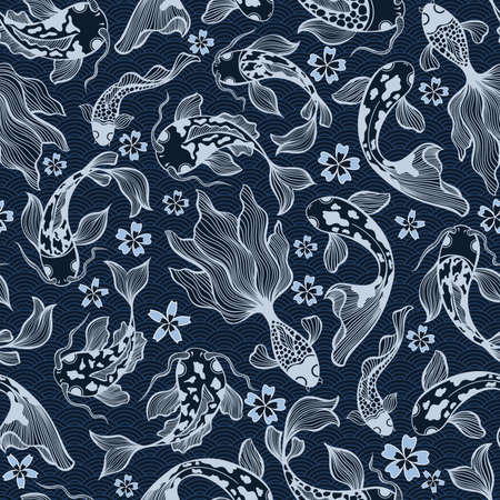 Japanese Koi Fish Vector Seamless Pattern in Deep Blue Colors for Fabric Textileのイラスト素材
