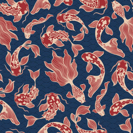 Japanese Koi Fish Vector Seamless Pattern in Red and Blue Colors for Fabric Textile