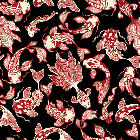 Japanese Koi Fish Vector Seamless Pattern on Black for Fabric Textileのイラスト素材