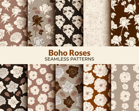 Boho Beige Flower Heads Seamless Patterns Collectionの写真素材