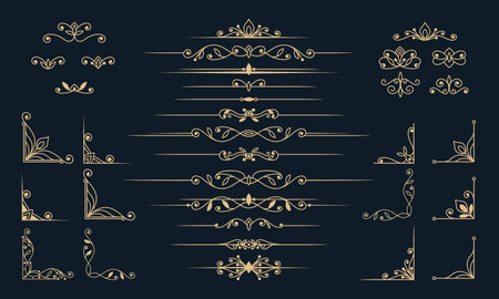 Decorative Elegant Dividers Flourishes Corner Borders Vector Engraving Collection of Decorative Symmetrical embellishment for Wedding or Certificateのイラスト素材