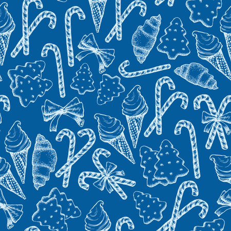 Blue and White Peppermint Candy Cane Stick with Bow, Pine Tree Cookies Biscuits Vector Seamless Patternのイラスト素材
