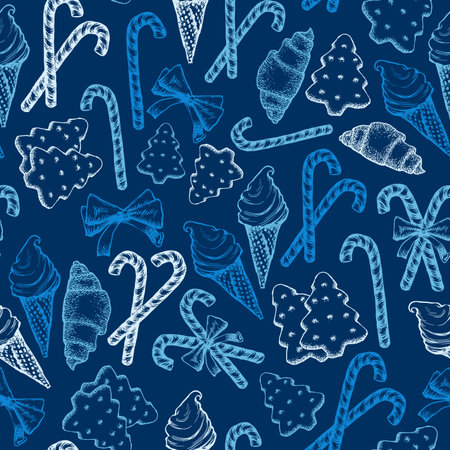 Blue and White Peppermint Candy Cane Stick with Bow, Pine Tree Cookies Biscuits Vector Seamless Patternのイラスト素材