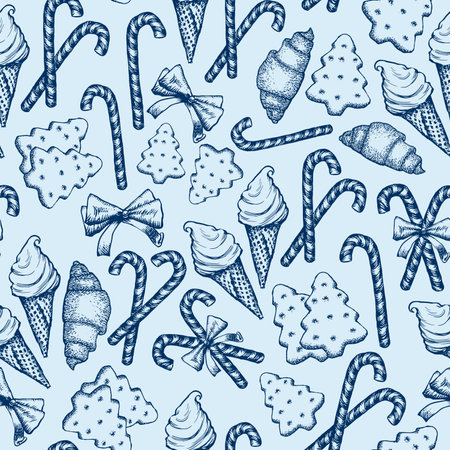 Blue and White Peppermint Candy Cane Stick with Bow, Pine Tree Cookies Biscuits Vector Seamless Patternのイラスト素材