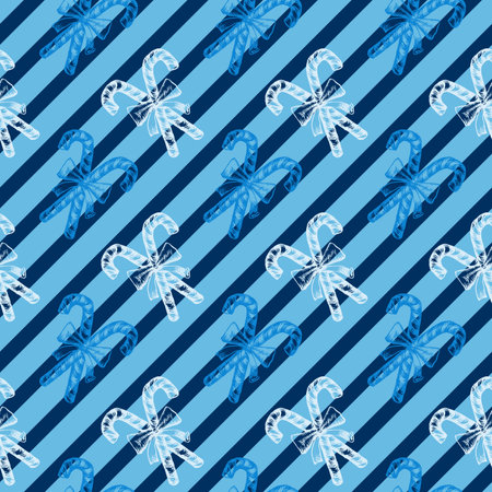 Blue and White Peppermint Candy Cane Stick with Bow, Striped Diagonal Lines Vector Seamless Patternのイラスト素材