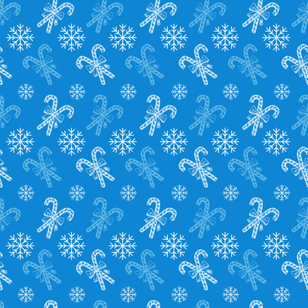 Blue and White Peppermint Candy Cane Stick with Snowflakes Vector Seamless Patternのイラスト素材