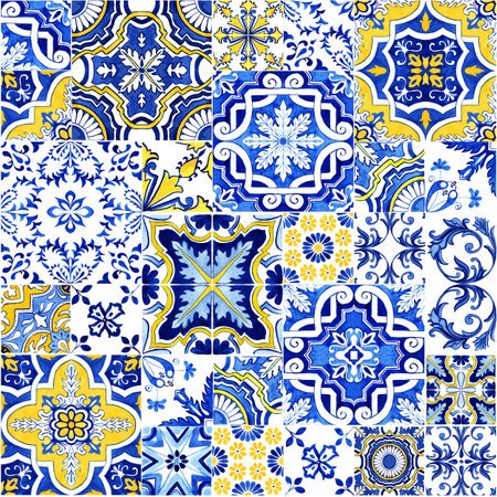 Talavera pattern. Azulejos Portugal. Turkish ornament. Moroccan tile mosaic. Spanish Ceramic tableware, folk print. Ethnic background. Mediterranean seamless wallpaper.の写真素材