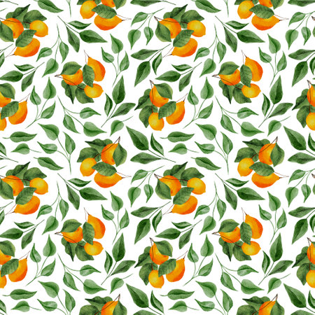 Yellow Lemons Fruit with Green Watercolor Leaves Branches Seamless Pattern for Fabric Textile or Wallpaper, Spring Greenery Foliageの写真素材